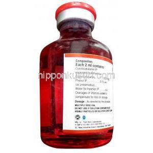 ジェイエスシノ注射,シアノコバラミン 500mg, 注射バイアル 30mL, 製造元：Mandhana Pharmaceuticals, ボトル情報, 成分