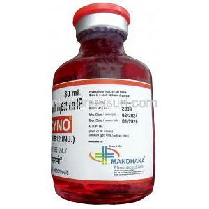 ジェイエスシノ注射,シアノコバラミン 500mg, 注射バイアル 30mL, 製造元：Mandhana Pharmaceuticals, ボトル情報, 製造日, 消費期限