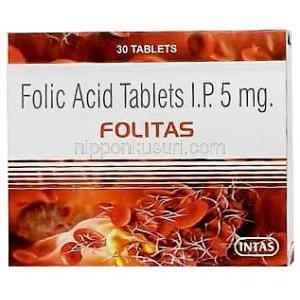 フォリタス,葉酸 5mg,製造元： Intas Pharmaceuticals Ltd, 箱表面