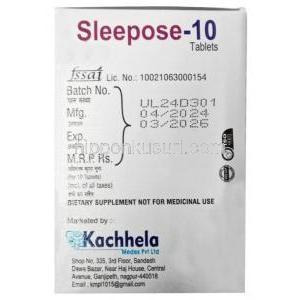 スリーポーズ, メラトニン 10 mg, 製造元：Kachhela Medex, 箱情報
