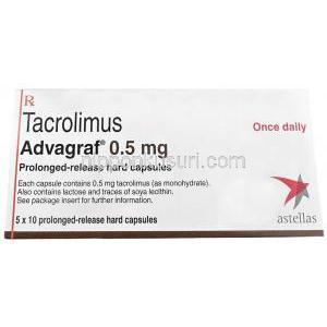 アドバグラフ, タクロリムス 0.5 mg, 製造元：Astellas, 箱表面