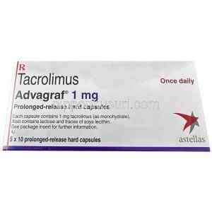 アドバグラフ, タクロリムス 1 mg, 製造元：Astellas, 箱表面