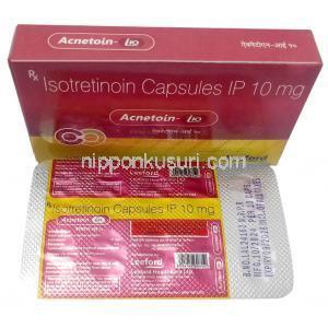 アクネトイン 10, イソトレチノイン 10 mg,製造元：Leeford healthcare,箱, シート情報