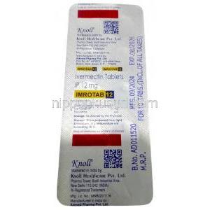 イムロタブ, イベルメクチン 12mg, 製造元：Knoll Healthcare Pvt Ltd, シート情報