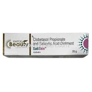 サリスキン軟膏,クロベタゾール0.05%/ サリチル酸 6%  軟膏 20 g,製造元：Entod Pharmaceuticals Ltd, 箱表面