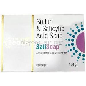 サリ石鹸, 硫黄 10% w/w / サリチル酸 3% w/w, 固形石鹸 100 g, 製造元：Entod Pharmaceuticals Ltd, 箱表面