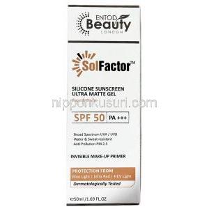 ソルファクター ウルトラ マット シリコーン日焼け止めジェル, ジェル 50 mL, 製造元：Entod Pharmaceuticals Ltd, 箱表面