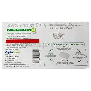 ニコガム 4, ニコチン 4mg, ガム12pcs,製造元：Cipla, 箱情報, 製造日, 消費期限