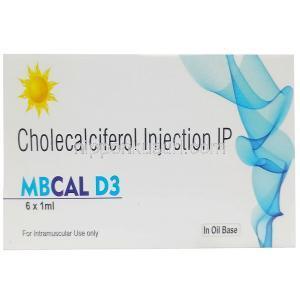 MBカルD3注射, コレカルシフェロール 600,000IU, アンプル 1 mL X 6本, 製造元：Martin & Brown Bio-Sciences Pvt., Ltd, 箱表面