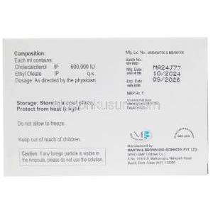 MBカルD3注射, コレカルシフェロール 600,000IU, アンプル 1 mL X 6本, 製造元：Martin & Brown Bio-Sciences Pvt., Ltd, 箱情報, 製造日, 消費期限