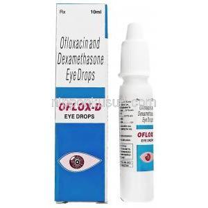 オフロックス D 点眼薬, デキサメタゾン 0.1%/ オフロキサシン0.3%, 点眼薬 10 mL, 製造元：Cipla, 箱, ボトル