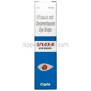 オフロックス D 点眼薬, デキサメタゾン 0.1%/ オフロキサシン0.3%, 点眼薬 10 mL, 製造元：Cipla, 箱表面