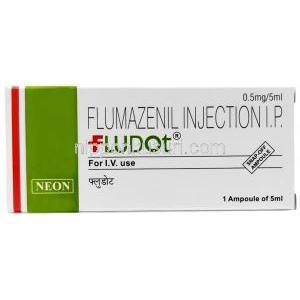 フルドット注射静注用,  フルマゼニル0.5 mg, アンプル 5 mL, 製造元：Neon Laboratories, 箱表面