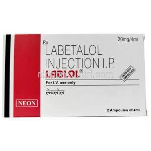 ラボロール注射 , Labetalol 20 mg, Ampoule 4 mL X 2本, 製造元：Neon Laboratories,箱表面