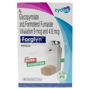 ホルグリン インヘラー, ホルモテロール 4.8mcg/ グリコピロニウム 9mcg, Iインヘラー 120MDI, 製造元：Zydus Cadila, 箱表面