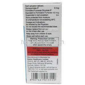 ホルグリン インヘラー, ホルモテロール 4.8mcg/ グリコピロニウム 9mcg, Iインヘラー 120MDI, 製造元：Zydus Cadila, 箱情報, 成分, 注意事項