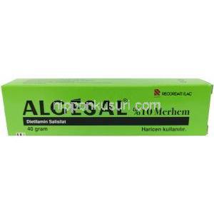 アルゲサル軟膏, サリチル酸ジエチルアミン 10%, 軟膏 40 g, 製造元：Recordati, 箱表面