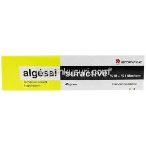 アルゲサル・サーアクティブ軟膏,サリチル酸ジエチルアミン 10%/ ノポキサミン 1%  軟膏 40 g, 製造元：Recordati, 箱表面