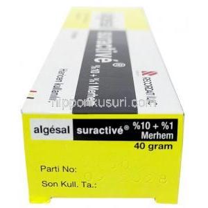 アルゲサル・サーアクティブ軟膏,サリチル酸ジエチルアミン 10%/ ノポキサミン 1%  軟膏 40 g, 製造元：Recordati, 箱情報, 消費期限
