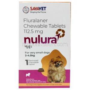 ヌルラ, 112.5 mg 超小型犬用 (4.5-10kg) 1 チュアブル錠,製造元:SAVA Healthcare Limited, 箱表面