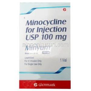ミニュム注射, ミノサイクリン 100 mg, バイアル, 製造元：Glenmark Pharmaceuticals,箱表面