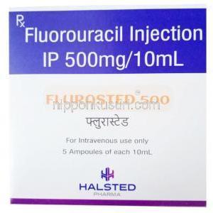 フルラステド注射, フルオロウラシル 10mLあたり 500 mg ,  アンプル５本, 製造元：Halsted Pharma Pvt Ltd, 箱表面