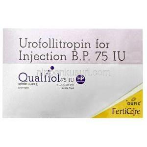 クオリフォル注射, ウロフォリトロピン 75 IU, バイアル 1本, 製造元：Gufic Bioscience Ltd, 箱表面