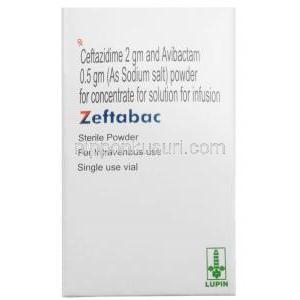 ゼフタバック注射,セフタジジム2000mg/ アビバクタム500mg, 注射バイアル 20 mL,製造元：,Lupin Ltd, 箱表面