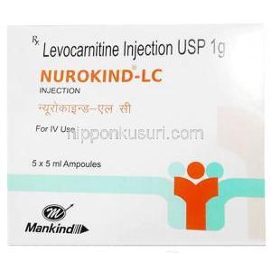 ヌロカインド LC 注射, レボカルニチン 200 mg, アンプル 5 mL X 5本, 製造元：Mankind Pharma, 箱表面