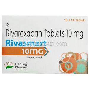 リバスマート, リバロキサバン 10 mg, 14 錠, 製造元：Healing Pharma India Pvt Ltd, 箱表面