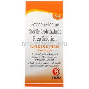 アピジンプラス点眼薬, ポビドンヨード 50 mg, 点眼薬 5 mL, 製造元：Appawamy Occular Devices Pvt., Ltd, 箱表面