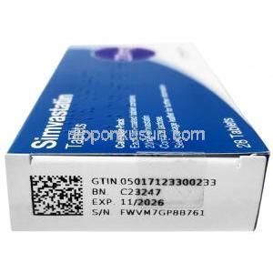 クレッセントファーマ製シンバスタチン,シンバスタチン 20mg, 製造元：Crescent Pharma, 箱情報, 消費期限