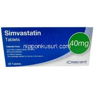 クレッセントファーマ製シンバスタチン,シンバスタチン 40mg, 製造元：Crescent Pharma, 箱表面