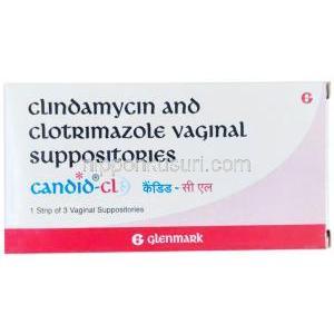 カンディッド CL 膣坐薬, クリンダマイシン 100mg/ クロトリマゾール 200mg, 膣坐薬 3錠, 製造元： Glenmark Pharmaceuticals, 箱表面