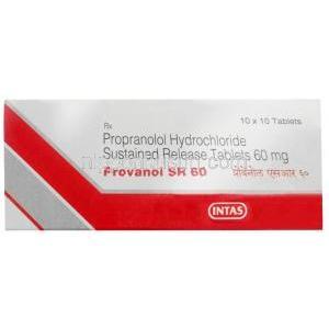 プロバノール SR 60, プロプラノロール 60 mg, 徐放性錠, 製造元：Intas Pharmaceuticals Ltd, 箱表面