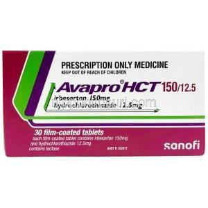 アバプロ HCT, イベルサルタン150 mg/ ヒドロクロロチアジド 12.5 mg, 製造元：ブリストル・マイヤーズ スクイブ, 箱表面
