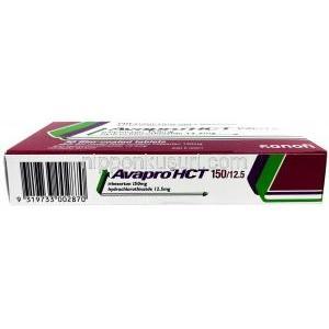 アバプロ HCT, イベルサルタン150 mg/ ヒドロクロロチアジド 12.5 mg, 製造元：ブリストル・マイヤーズ スクイブ, 箱底面