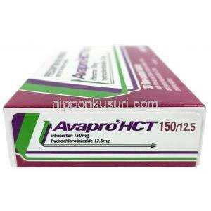 アバプロ HCT, イベルサルタン150 mg/ ヒドロクロロチアジド 12.5 mg, 製造元：ブリストル・マイヤーズ スクイブ, 箱側面-2