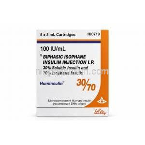 ヒューミンスリン 30/70, インスリン 100 IU/mL カートリッジ (イーライリリー), 箱 正面
