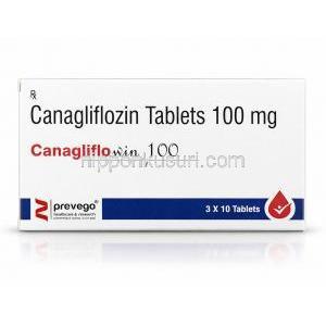 カナグリフロウィン 100, カナグリフロジン 100 mg, 製造元：Prevego Healthcare & Research Private Limited, 箱表面