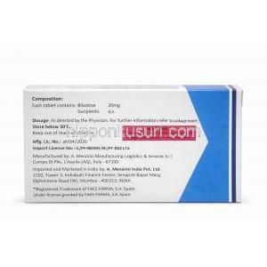 ビラクステン, ビラスチン  20 mg, 箱裏面