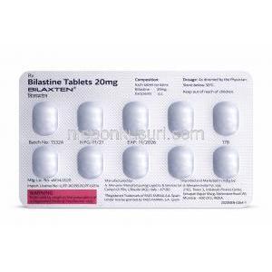 ビラクステン, ビラスチン  20 mg, 錠剤シート裏面