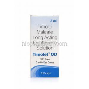 チモレット OD 防腐剤不使用点眼薬, チモロール 0.5%, 点眼薬 3mL, 製造元：Sun Pharmaceutical Industries, 箱表面