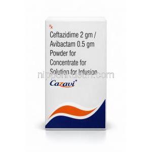 カザヴィ注射, セフタジジム 2g/ アビバクタム 0.5g,バイアル (粉末),製造元： Natco Pharma,箱表面