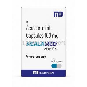アカラメド, アカラブルチニブ 100 mg, 30 カプセル,製造元：Medicamen Biotech Ltd, 箱表面