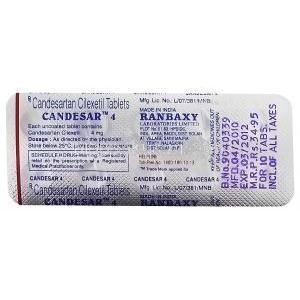 カンデサール Candesar (ブロプレス ジェネリック) カンデサルタン 4mg 錠 (Ranbaxy) 包装裏面