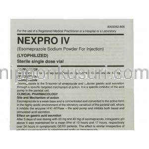 エソメプラゾール(ネキシウム ジェネリック), ネクスプロ Nexpro IV 40mg 注射 (Torrent) 情報シート1