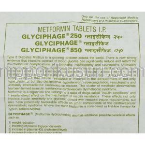 メトホルミン （ジェネリック グルコファージ） Glyciphage,  850mg 錠 (Franco-Indian) 情報シート1