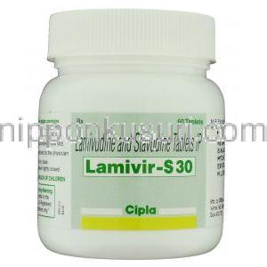 ラミビルS Lamivir S, ラミブジン・スタブジン配合 150mg/30mg 錠 (Cipla) ボトル