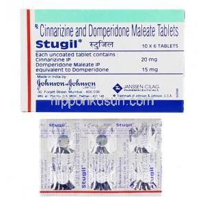 ストジル Stugil, シンナリジン 20mg/ ドンペリドン 15mg 箱、錠剤